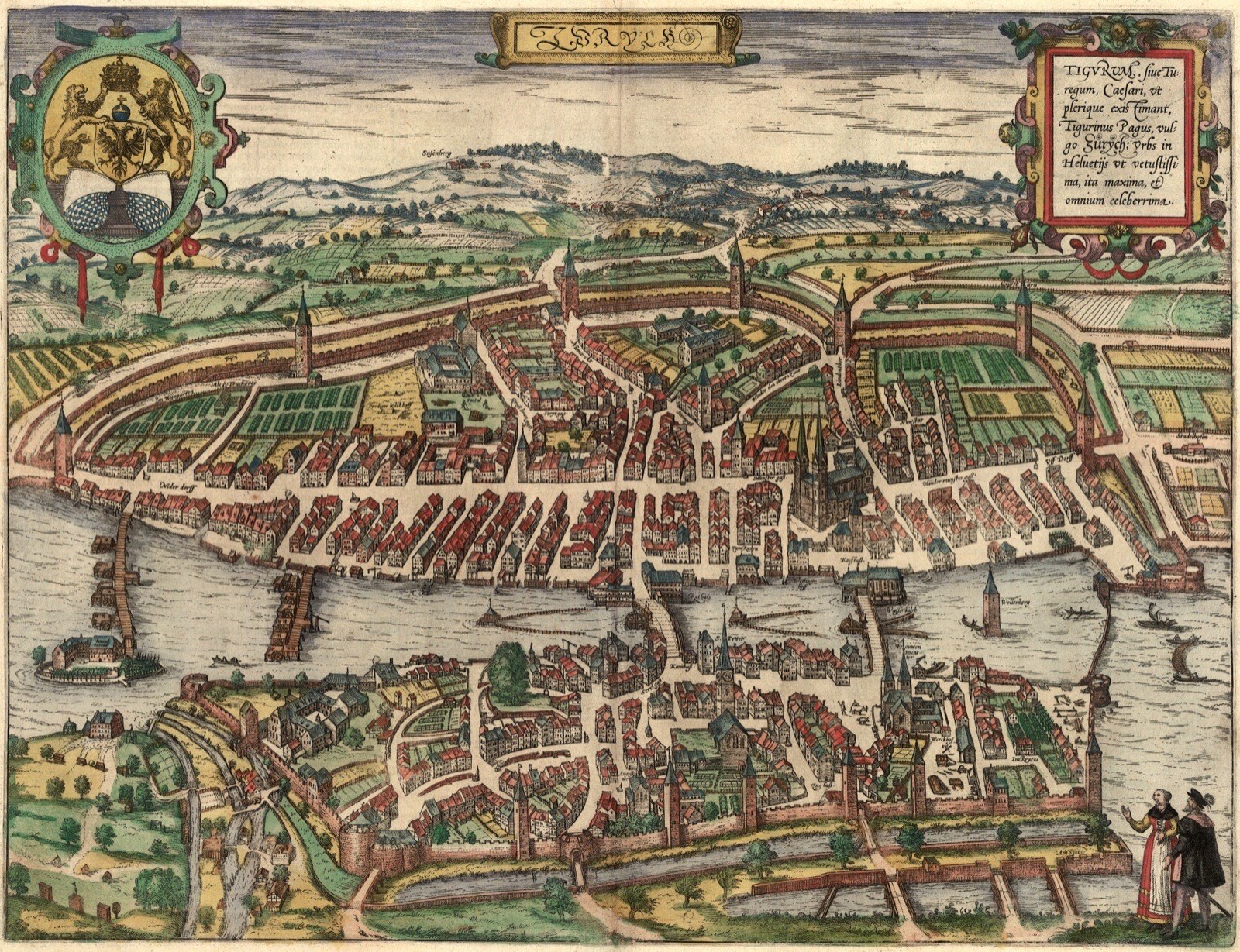 A 16th-century bird's-eye engraving of Zürich by Georg Braun and Frans Hogenberg from Civitates Orbis Terrarum.